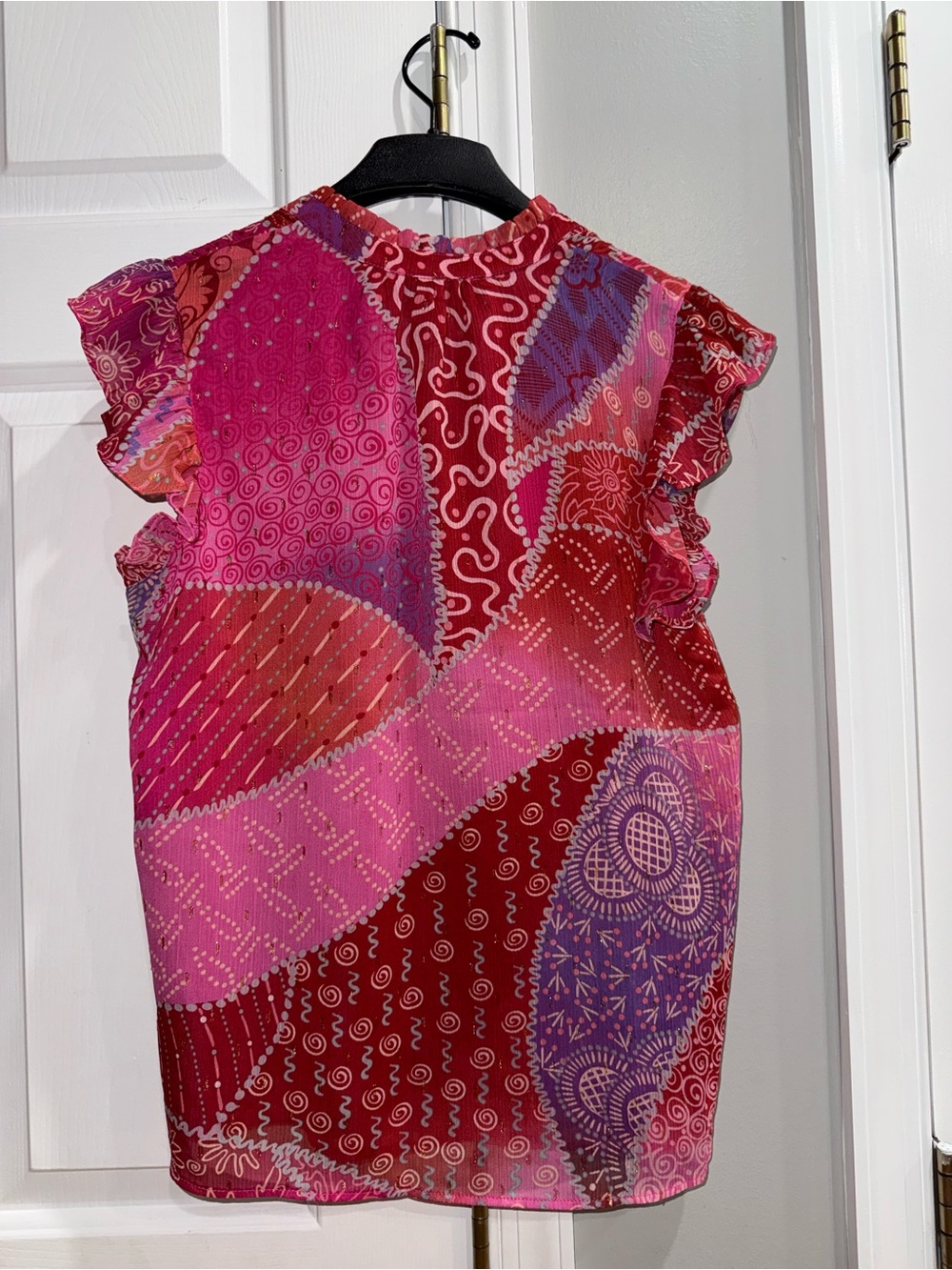 Maeve Pink & Red Patchwork Ruffle-Sleeve Blouse - Picture 3 of 3